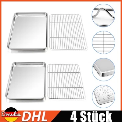 2er Set Edelstahl Backbleche Rechteckig Mit Abkühlgitter Kuchenform Ofenblech - Bild 1 von 4