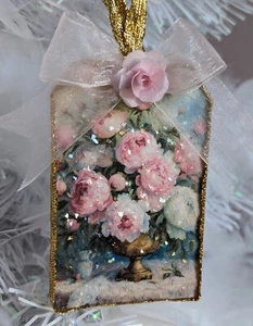 Victorian Decoupage Glass Glitter Shabby Pink Rose Peonies Christmas Ornament - Picture 1 of 3