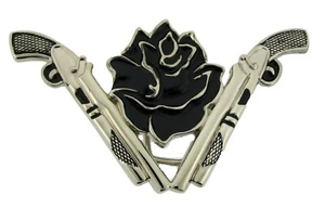 Silver Guns Belt Buckle Black Rose Men Women Fashion Vintage Rare Cowgirl - Picture 1 of 5