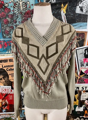 Suéter Jersey Pequeño Retro De Colección Años 70-80 Para Mujer Borla Con Cuentas Cuello en V Tejido Gamuza Foto 1 de 4