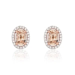 9CT Rose Gold Oval Morganite & Diamond Halo Cluster Earrings - Picture 1 of 3