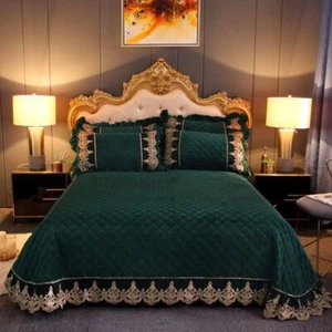 Luxury Velvet Quilted Thick Bedspread Chic Ruffled Bed Spread Pillowshams 3/5pcs - Bild 1 von 25