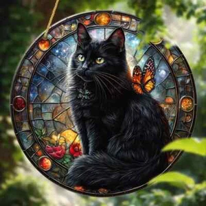 HD Black Cat Butterfly Round Sun Catcher Hanging Decor Indoor/Outdoor - Picture 1 of 4