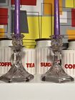2 VTG DECO 6” Lilac Tint Crystal Glass Candle Sticks Dinner Table Candle Holders