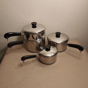 Vtg Revere Ware 7 Pc. Steel Tri-ply Bottom Cookwear W Lids 1,2,3 Qt & Steamer* - Picture 1 of 17