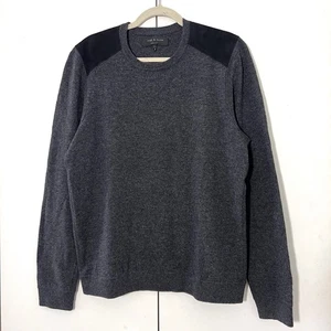 Rag and Bone Sweater Mens L Gray Wool Suede Shoulder Patches Long Sleeve Preppy - Picture 1 of 6