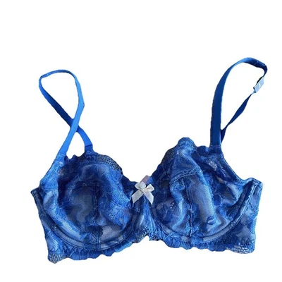 Victoria’s Secret 32DD Blue Floral Lace unlined Underwire Bra RARE Bow NEW - Image 1 of 4
