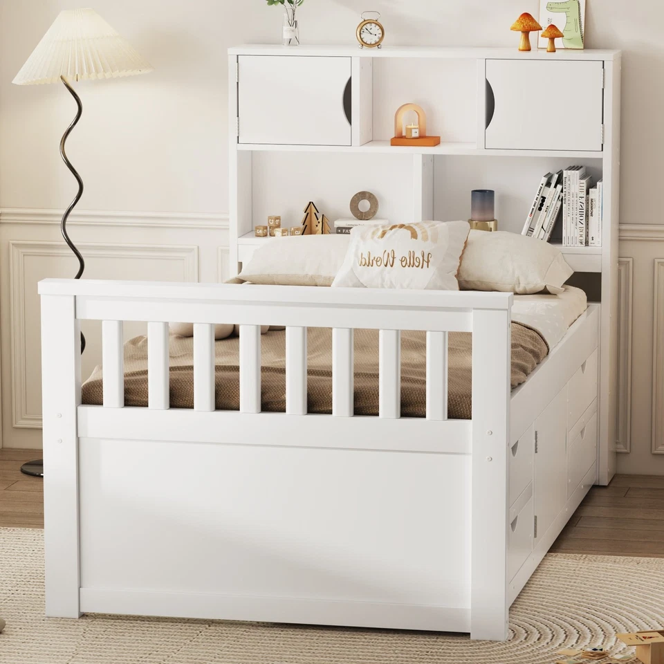 Marco de cama con plataforma Capitán tamaño doble con estanterías y estantes de almacenamiento Foto 1 de 4