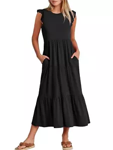 Women Summer Casual Ruffle Sleeveless Maxi Dress A-Line Flowy Tiered Beach Lo... - Picture 1 of 6