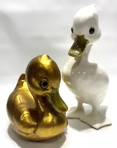 Vintage Freeman McFarlin Mr & Mrs Duck Figurines Gold Leaf & White Glazed Signed - Picture 1 of 16