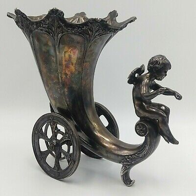 Early 1900s WMF German Art Nouveau Cornucopia Cherub Silver Plate Vase W/ Wheels • 969.41$