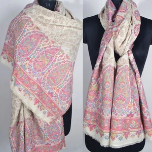 Off-White Detailed Handwoven Kani Shawl Soft 100% Cashmere Pashmina Paisley Wrap - Picture 1 of 12