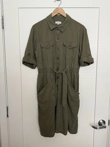 Vestido Camisa Militar Calvin Klein Talla 12 Verde Oliva Lino Utilitario Cinturón Safari - Imagen 1 de 13