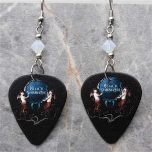 Black Sabbath Guitar Pick Earrings with Opal Swarovski Crystals - Picture 1 of 5