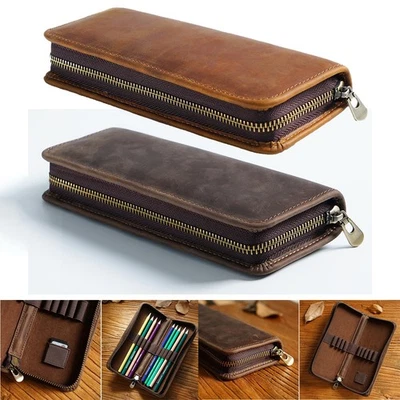 Estuche para pluma estilográfica de cuero real vintage con cremallera bolsa para lápices bolsa papelería regalo Foto 1 de 4