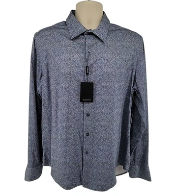 Bugatchi 8-Way Stretch Button Front Shirt Mens L Blue Geometric Soft Comfort NEW - Image 1 of 4