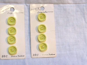 Vintage Set 8 Lime Yellow Green Plastic Buttons Pierced Design On Cards BGE - Picture 1 of 5