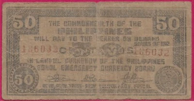 PHILIPPINES (GUERRILLA) 50 CENTAVOS 1942 BOHOL,TREASURY EMERGENCY CERTIFICATE,WO - Image 1 of 2