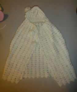 White Handknit/ Crocheted Hooded Baby Cape w/ Matching Booties 16" Long + hood