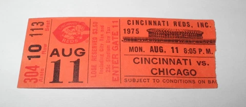 1975 Baseball Cincinnati Reds & Chicago Cubs Ticket Stub 8/11 Pete Rose Cover