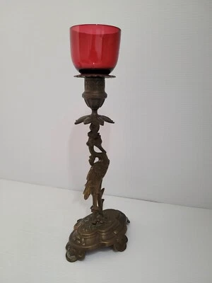 Bougeoir de sanctuaire église bronze héron verre rouge old candelstick religieux - Photo 1/4