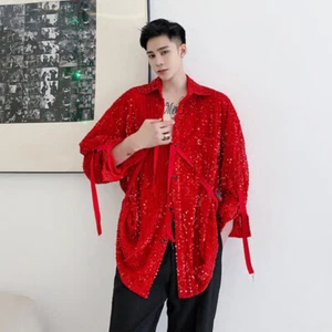 Camisa suelta de lentejuelas de manga larga para hombre con correas con botones para el torso rojo brillante - Imagen 1 de 14