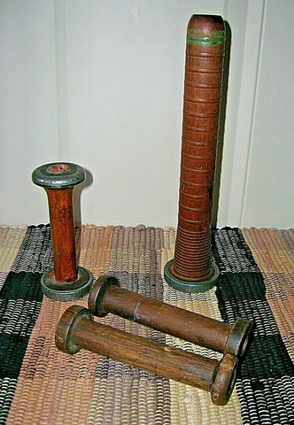 (4) Vintage Wood Industrial Mill Bobbins Spindles 1-10" Ribbed & 3 5 1/2" Medium Cover