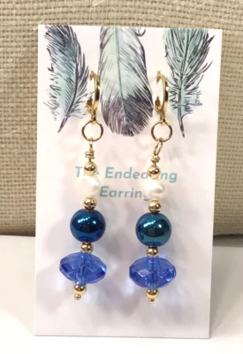 Fashion Earrings Blue White Plastic & FW Pearl Gold Tone Hoop Top Pierced Drop - Image 1 of 2