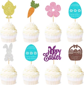 24 Pack Happy Easter Cupcake Toppers Glitter Bunny Eggs Carrot Cupcake Picks Dec - Picture 1 of 7