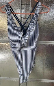 Cupshe Womens XXL - NWT - One Piece Swmsuit -Blue & White Stripe - Ruffled Top - Picture 1 of 4