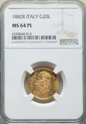 ITALY , GOLD 20 LIRE 1882 R NGC MS 64 PL ,,, RARE8 - Image 1 of 2