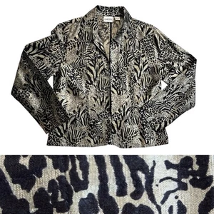Giacca blazer Chico's aperta davanti 100% seta taglia 1 media stampa animalier nero - Foto 1 di 10