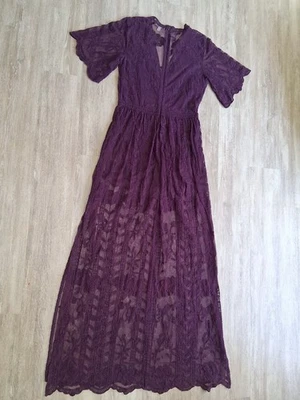 Maxi Vestido Gianni Bini Encaje Púrpura Transparente Superposición Para Mujer Talla M” Foto 1 de 4