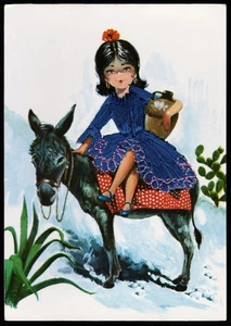 Spanish Girl On A Donkey Embroidered Silk Postcard - Picture 1 of 2