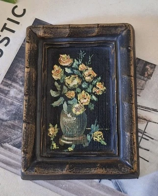 Miniature Original Painting Chalkware Plaque Floral Flowers Yellow Signed VTG 3" - Image 1 of 4