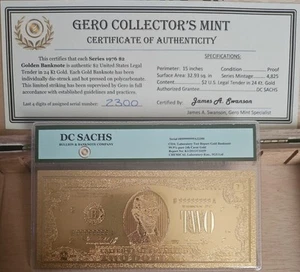 Billete de oro de $2 de Estados Unidos de curso legal de oro de 24 quilates (2009) - Imagen 1 de 5