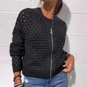Women's casual hollow knitted zipper jacket - Picture 1 of 36