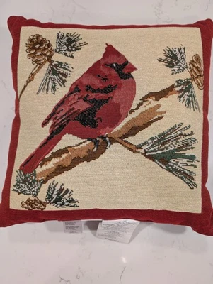 Cardinal Bird Tapestry Throw Pillow with Pinecone Design - Image 1 of 4