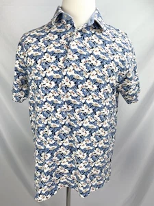 Tommy Hilfiger Shirt Men LARGE Yellow Blue Floral Hawaiian Short Sleeve Polo - Picture 1 of 6