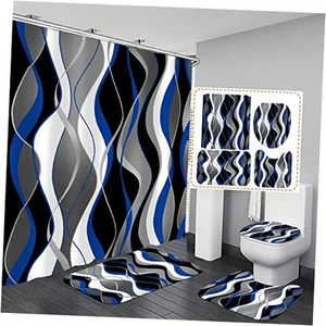 4 Pcs Blue and Black Striped Shower Curtain Set Grey and White Bathroom Sets - Picture 1 of 8