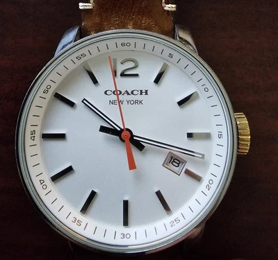 Reloj Coach Bleeker acero inoxidable esfera blanca correa de cuero marrón con caja etc. Foto 1 de 4