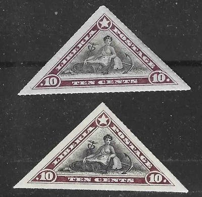 Liberia 1909, 10c triangle, distinct SHADES, roulette 14, NH #125 - Image 1 of 2