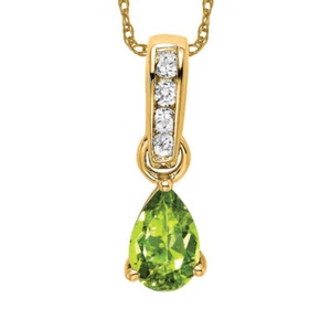 14K Solid Yellow Gold Pear Peridot Diamond Necklace - Picture 1 of 12