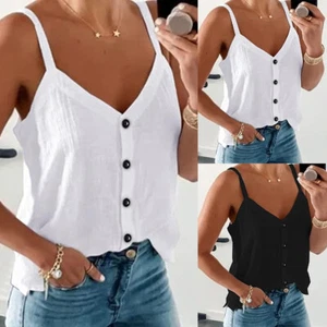 Women Strappy V Neck Tank Tops Summer Buttons Cami Vest Loose Shirt Blouse Size - Picture 1 of 10