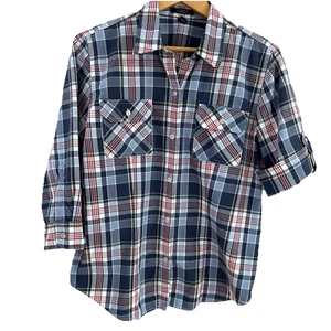 Chaps Women's Button Front Shirt Size XL Navy Red 100% Cotton Roll Tab Sleeve - Picture 1 of 9
