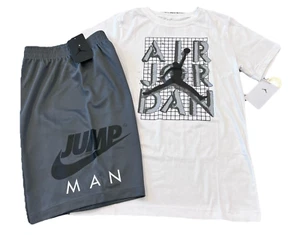 NWT NIKE AIR JORDAN BOY'S 2 PC SET WHITE SHORT SLEEVE GRAY MESH SHORTS L 12-13 - Picture 1 of 3