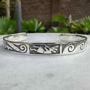 Handcrafted 925 Sterling Silver Boho Southwest Flute Player Tribal Cuff Bracelet - Picture 1 of 5