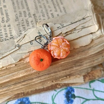 Pendientes colgantes mandarina joyería de frutas comida miniatura naranja mandarina cítricos Foto 1 de 4
