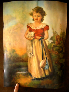 Vintage Print Girl With Kitten Victorian Red Dress Curly Hair pre-owned No frame