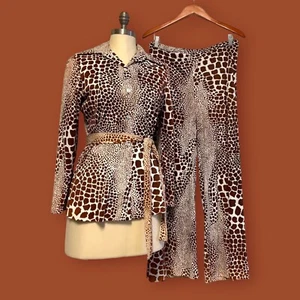 Giraffe Tierdruck Langarmbluse und Palazzohose 2-teiliges Set 1960er Jahre Anzug - Bild 1 von 12